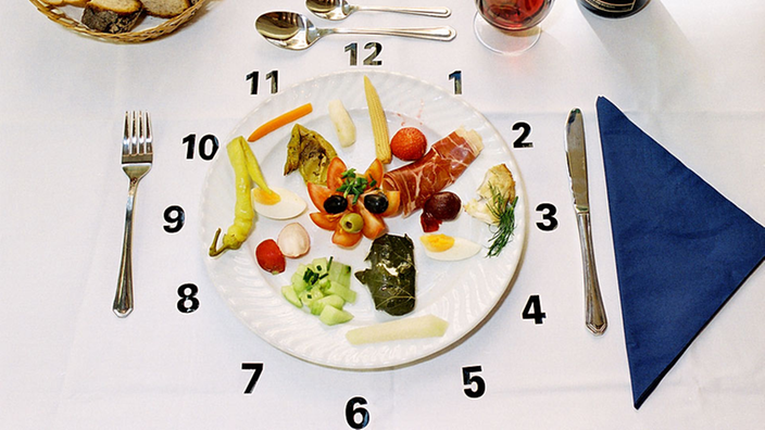 Ein Teller mit Speisen, um den herum Zahlen von eins bis zwölf liegen, die wie auf dem Ziffernblatt einer Uhr angeordnet sind.
