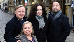 Axel Prahl, ChrisTine Urspruch, Mechthild Großmann und Jan Josef Liefers am Set von "Tatort Münster"