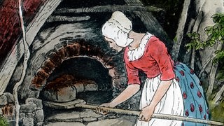 Zeichnung aus einem alten Märchenbuch: Frau Holle schiebt ein Brot in einen Steinofen