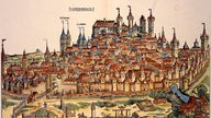 Kolorierter Holzschnitt: Ansicht der Stadt Nürnberg (1493)