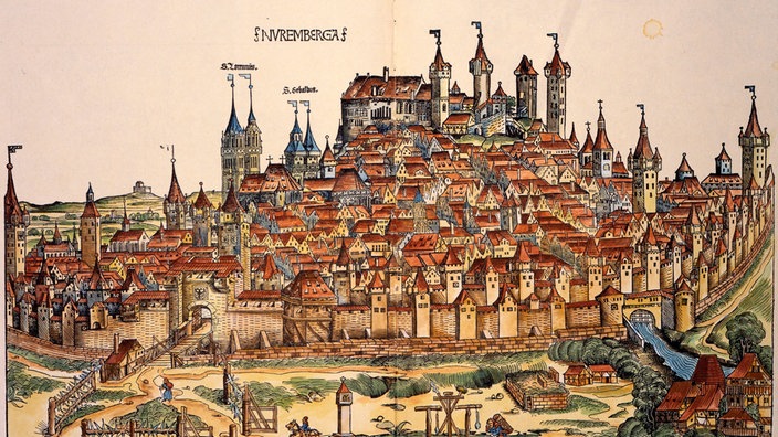 Kolorierter Holzschnitt: Ansicht der Stadt Nürnberg (1493) | Bildquelle: picture-alliance / akg-images Kolorierter Holzschnitt: Ansicht der Stadt Nürnberg (1493)
