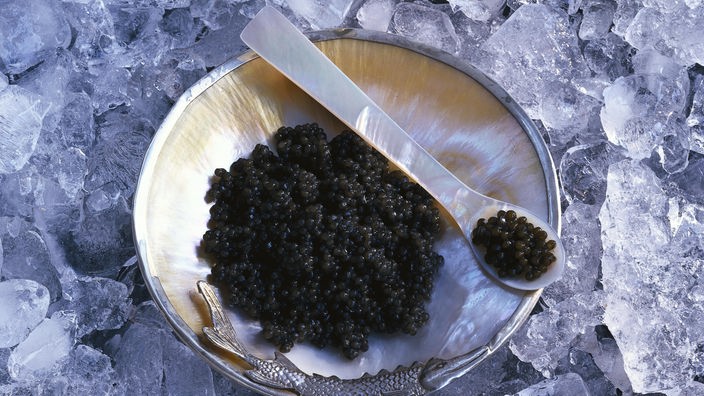 Schwarzer Kaviar in einer Schale aus Perlmutt. Auf der Schale liegt ein Perlmutt-Löffel.