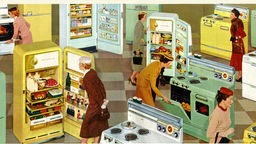 Werbung aus den 1950ern: Frauen suchen Küchengeräte im Fachgeschäft aus