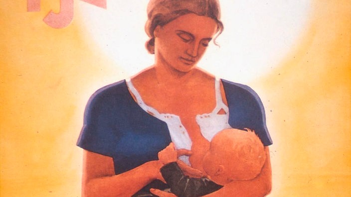 Das Plakat vom 'Hilfswerk Mutter und Kind' zeigt eine stillende Frau im blauen Kleid vor einem von der Sonne erleuchteten Himmel