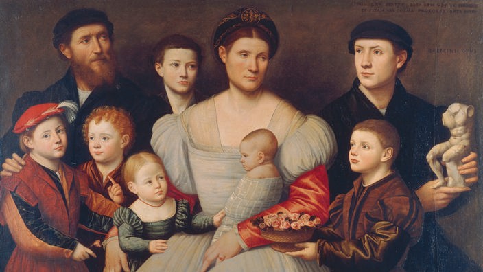 Gemälde aus dem 16. Jahrhudnert: Ehepaar mit sieben Kindern
