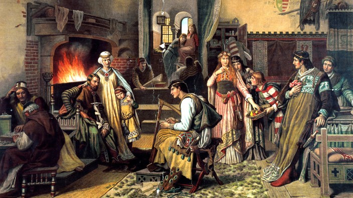 Das Gemälde zeigt viele Menschen unterschiedlichen Alters, die sich im Rittersaal versammelt haben