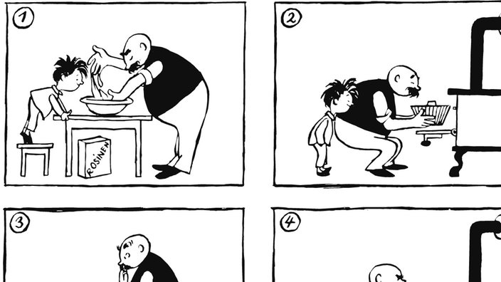 Comic aus sieben Bildern von e.o. plauen. Vater und Sohn backen einen Kuchen, schieben ihn in den Ofen, haben aber die Rosinen vergessen. Der Sohn holt ein Gewehr von der Wand und der Vater schießt die Rosinen in den fertigen Kuchen. | Bildquelle: e.o.plauen, 'Vater und Sohn' in Gesamtausgabe Erich Ohser, Südverlag GmbH, 2000 Comic aus sieben Bildern von e.o. plauen. Vater und Sohn backen einen Kuchen, schieben ihn in den Ofen, haben aber die Rosinen vergessen. Der Sohn holt ein Gewehr von der Wand und der Vater schießt die Rosinen in den fertigen Kuchen.