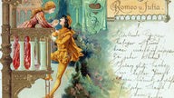 Gemalte Postkarte: Romeo am Balkon von Julia.