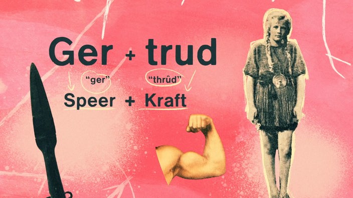 Grafik: ein Mädchen, ein Speer, ein muskulöser Oberarm. Dazu die Wörter "Ger = Speer" und "trud = Kraft"