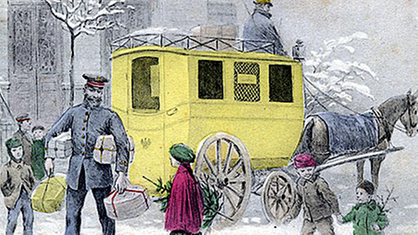 Postwagen mit Pferdegespann bringt Weihnachtspakete. Farblithographie vor 1910