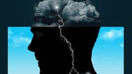 Grafik: Ein dunkler Kopf mit Wolken als "Gehirn" aus denen ein weißer Blitz gen Hals schlägt.