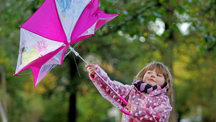 Ein Mädchen hält in einem Wald einen Schirm in den Händen, der durch starken Wind umgeklappt wurde.