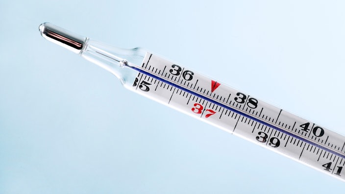 Großaufnahme eines Fieberthermometers, das 39 Grad anzeigt. | Bildquelle: Mauritius/Westend61 Großaufnahme eines Fieberthermometers, das 39 Grad anzeigt.