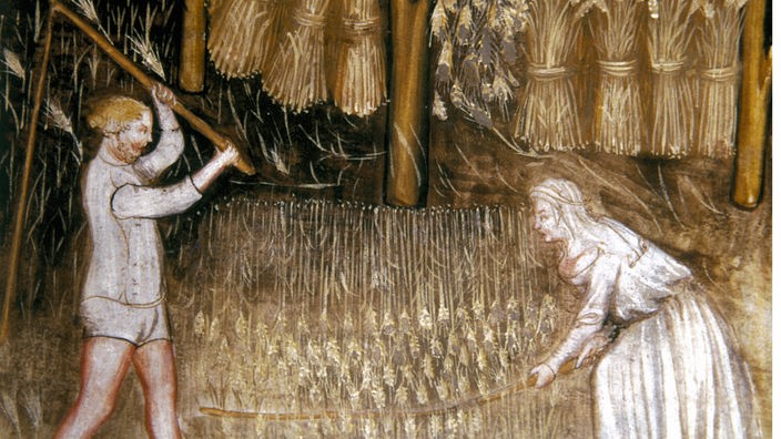 Gemälde: Landwirtschaftliche Szene im Mittelalter. Ein Ehepaar schlägt mit Stöcken auf Getreide ein.
