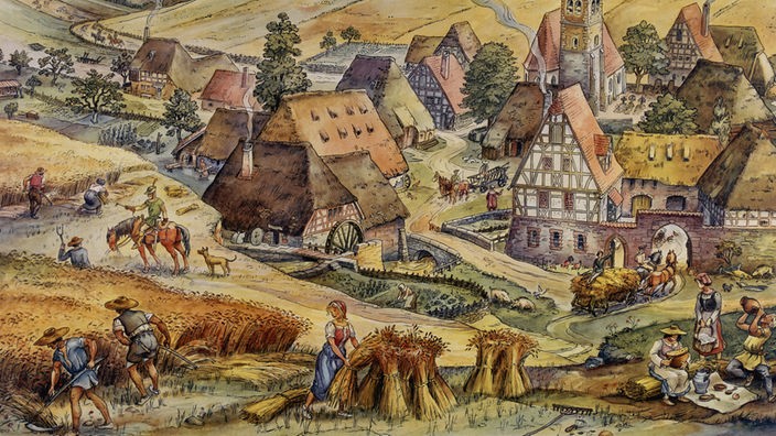 Das Schulwandbild zeigt das mittelalterliche Bauernleben. Bauern ernten Getreide, im Hintergrund ist ein mittelalterliches Dorf zu sehen.