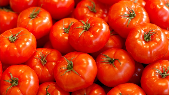 Reife, rote Tomaten auf einem Haufen