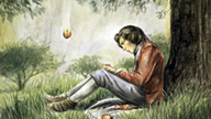 Die Buntstiftzeichnung zeigt einen jungen Isaac Newton, der unter einem Baum sitzt und konzentriert auf einen Apfel in seiner Hand blickt. Ein weiterer Apfel fällt gerade vom Baum.