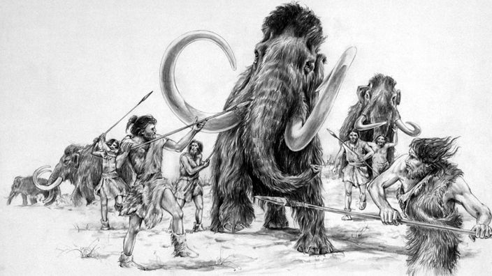 Zeichnung: Cro-Magnon-Menschen jagen ein Mammut