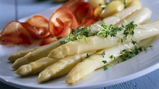 Spargel auf einem Teller mit Schinken.
