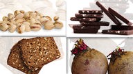 Eine Collage aus vier Bildern von Nüssen, dunkler Schokolade, Vollkornbrot und Rote Beete.