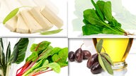 Collage aus vier Bildern mit Tofu, Spiant, Olivenöl und Blattsalat.