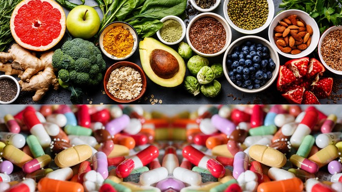 Bildkomposition mit verschiedenen Gemüse-, Obst- und Getreidesorten im oberen Bildbereich und vielen bunten Tabletten im unteren Bildbereich