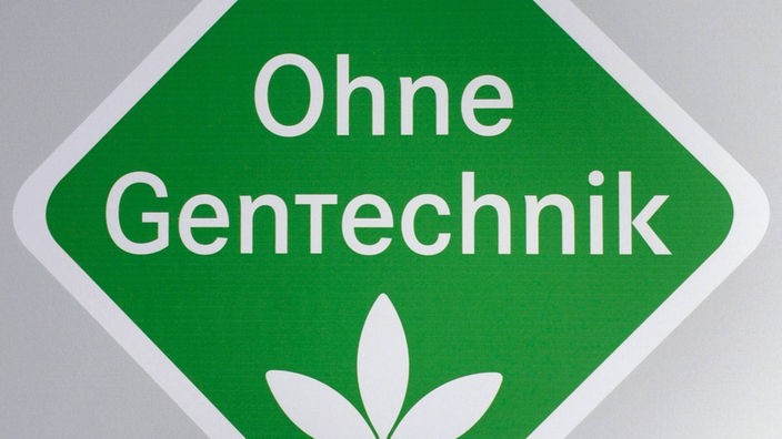 Ein grünes Karo mit weißer Umrandung, auf dem in Weiß ein Pflanzensymbol und der Text "Ohne Gentechnik" abgebildet ist