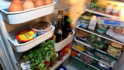 Ein geöffneter Kühlschrank befüllt mit Eiern, Milchprodukten und Flaschen