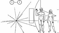 des Nasa-Erkennungsschildes mit der eingravierenden Darstellung eines Mannes, einer Frau, einer Karte des Sonnensystems und anderen Hinweisen
