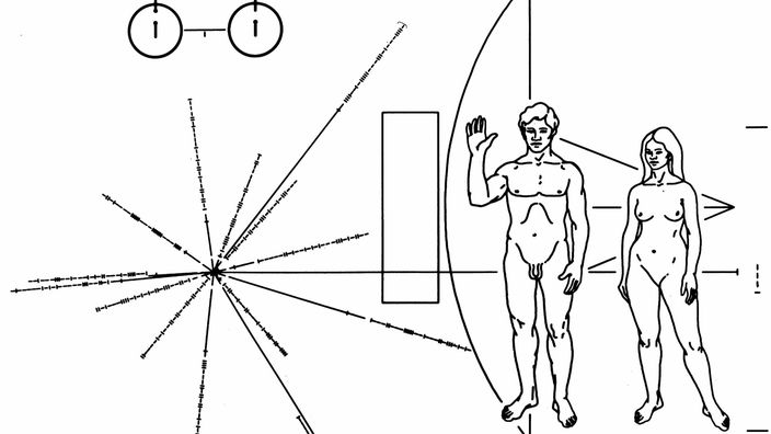 des Nasa-Erkennungsschildes mit der eingravierenden Darstellung eines Mannes, einer Frau, einer Karte des Sonnensystems und anderen Hinweisen