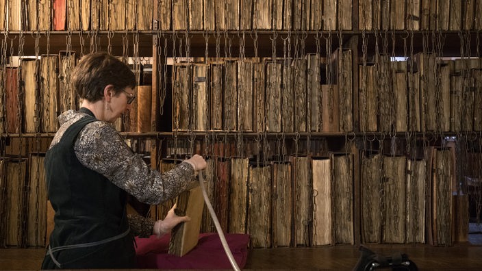 Eine Frau reinigt alte Bücher in einer Bibliothek