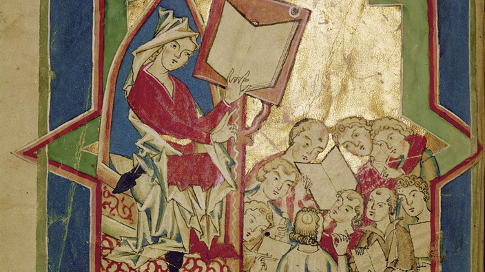 Buchmalerei aus dem 13. Jahrhundert, Lehrer und Schüler beim Unterricht