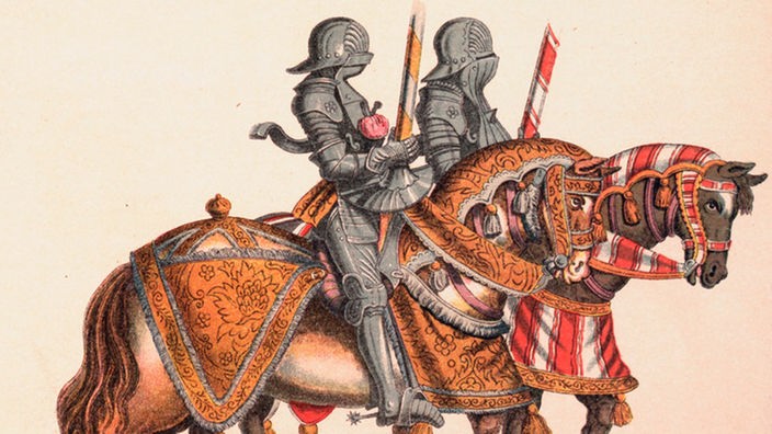 Zeichnung: Zwei Ritter mit Rüstungen und Lanzen zu Pferd.