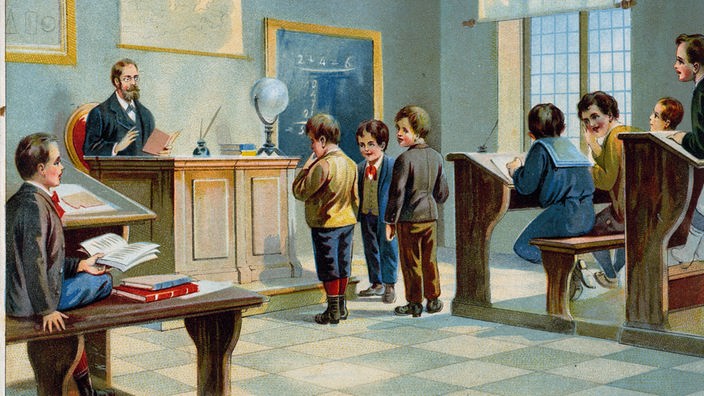 Die Zeichnung zeigt eine Schulszene vom Anfang des 20. Jahrhunderts.