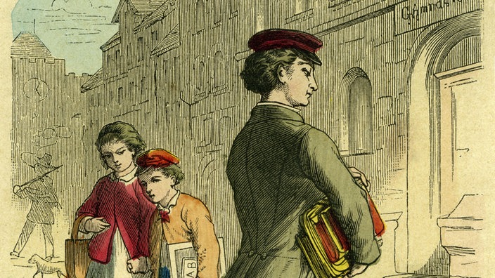 Schüler geht auf Gymnasium (Holzstich, ca. 1850) | Bildquelle: WDR/Interfoto/TV-Yesterday Schüler geht auf Gymnasium (Holzstich, ca. 1850)