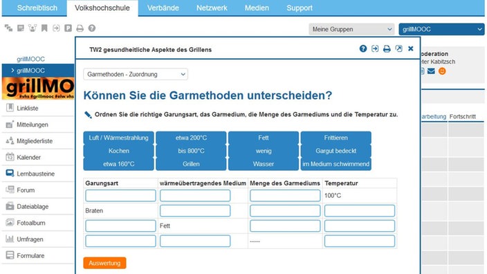 Screenshot vom MOOC mit einer Frage zur Garmethode beim Grillen | Bildquelle: VHS Leipzig / Caroline Baetge Screenshot vom MOOC mit einer Frage zur Garmethode beim Grillen