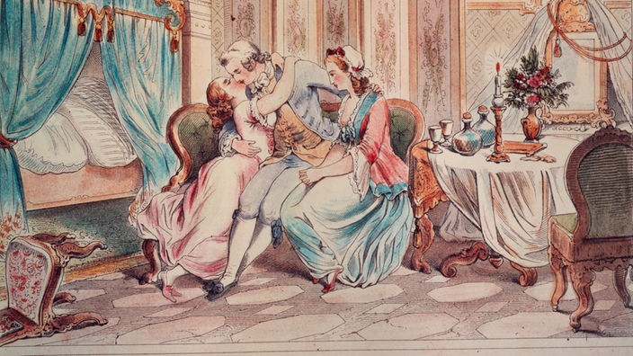 Zeichnung: Casanova sitzt mit zwei Frauen auf einem Sofa. Eine der beiden küsst er, die andere umarmt er.