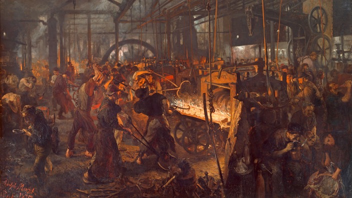 Zeichnung einer Situation in einem Eisenwalzwerk aus dem Jahre 1875. | Bildquelle: akg Zeichnung einer Situation in einem Eisenwalzwerk aus dem Jahre 1875.