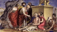 Gemälde von Hippokrates, der den Kranken hilft