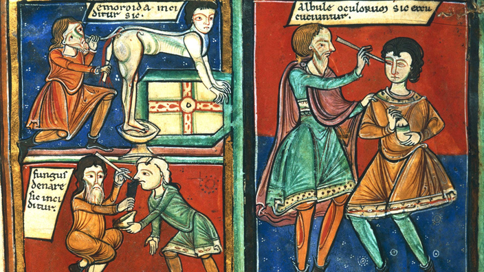 Buchmalerei zeigt in drei Bildern Untersuchungen im Mittelalter