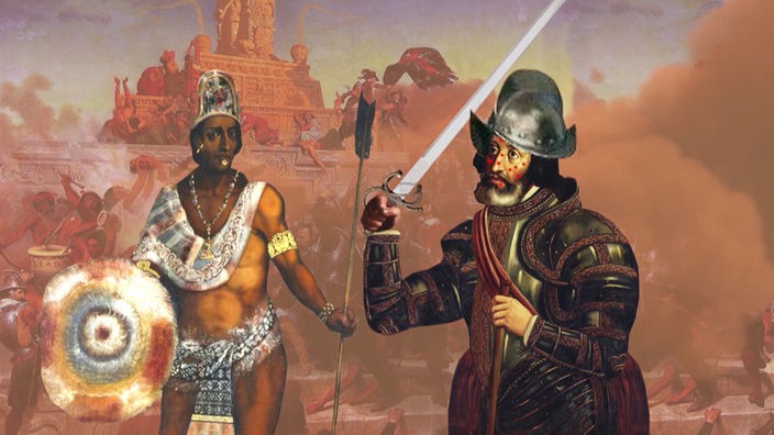 Grafik: Inkaherrscher vor einem Tempel neben ihm ein Konquistador mit blankem Schwert.
