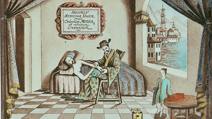Auf einer alten Zeichnung aus dem 17. Jahrhundert fühlt ein chinesischer Arzt den Puls eines Kranken