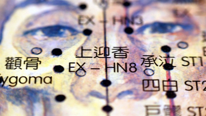 Auf dem Ausschnitt einer Abbildung aus der Chinesischen Medizin sind die einzelnen Akupunkturpunkte des menschlichen Gesichtes markiert.