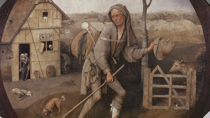 Gemälde eines Mannes mit Gehrock und Hose, seine Kleider sehen heruntergekommen aus, die Hose ist zerrissen