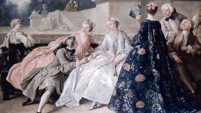 Das Gemälde zeigt eine barocke Szene: Ein Mann kniet vor einer Frau in wallendem Kleid.