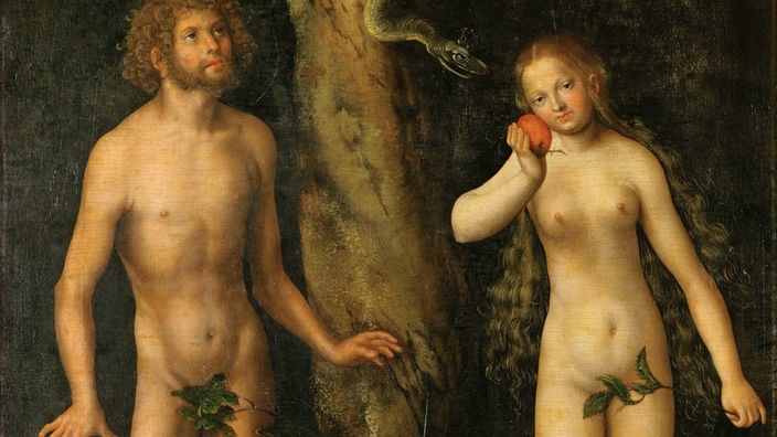 Ein Ölgemälde zeigt Adam und Eva im Paradies. Beide Genitalien sind mit Blätetrn bedeckt