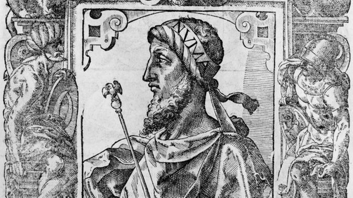 Historischer Stich von Numa Pompilius mit Vollbart und einem Stirnband, auf dem der Name Numa steht.