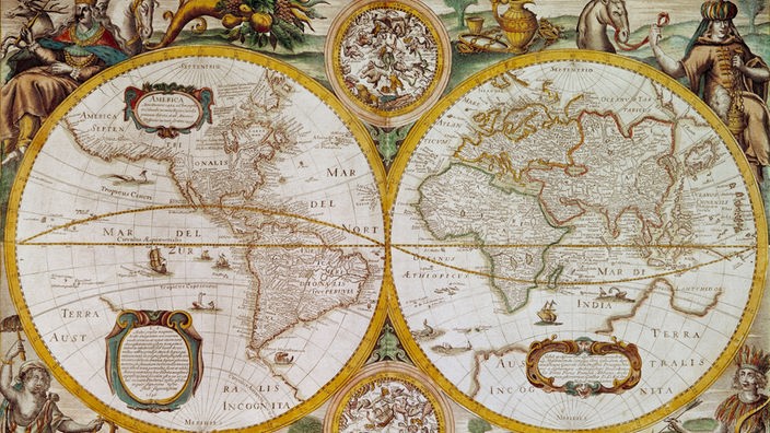 Weltkarte aus dem 17. Jahrhundert: zwei nebeneinander liegende Kreise, darum herum reich verzierte Bemalungen