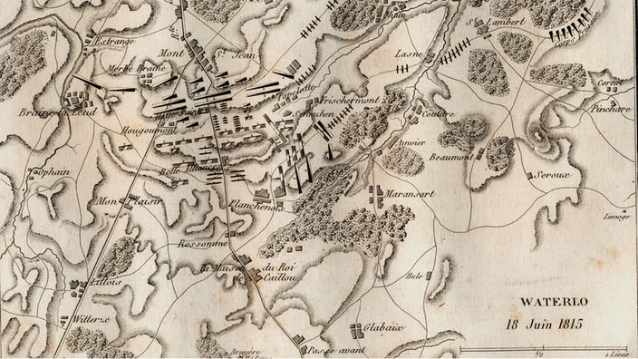 Auf einer historischen Karte aus dem Jahr 1865 sind die Züge von Napoleons Armee in der Schlacht von Waterloo eingezeichnet