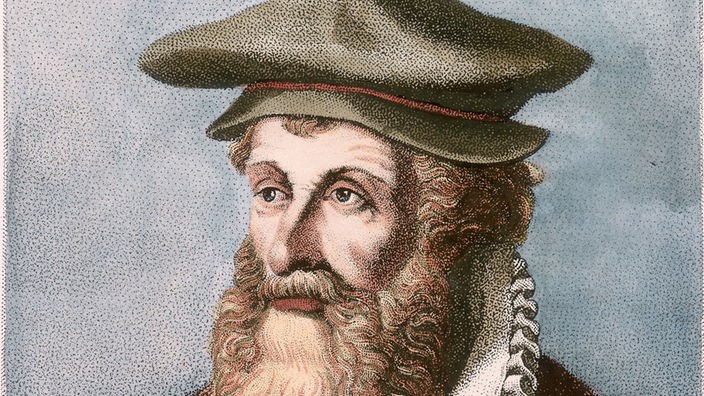 Farbiger, historischer Stich von Gerhard Mercator mit Vollbart und Mütze